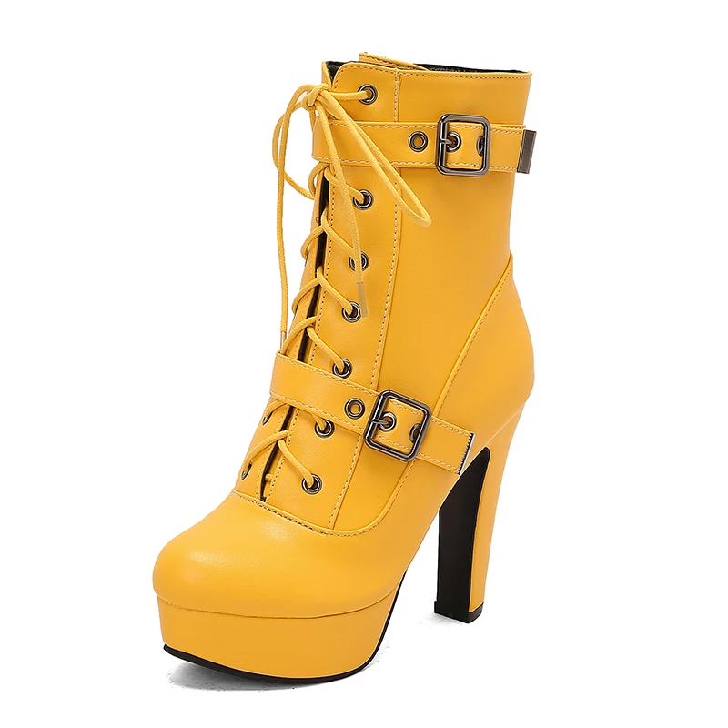 

Platform Boots Women Ankle Lace Up Buckles Leather High Heels Dress Shoes Comfort Booties