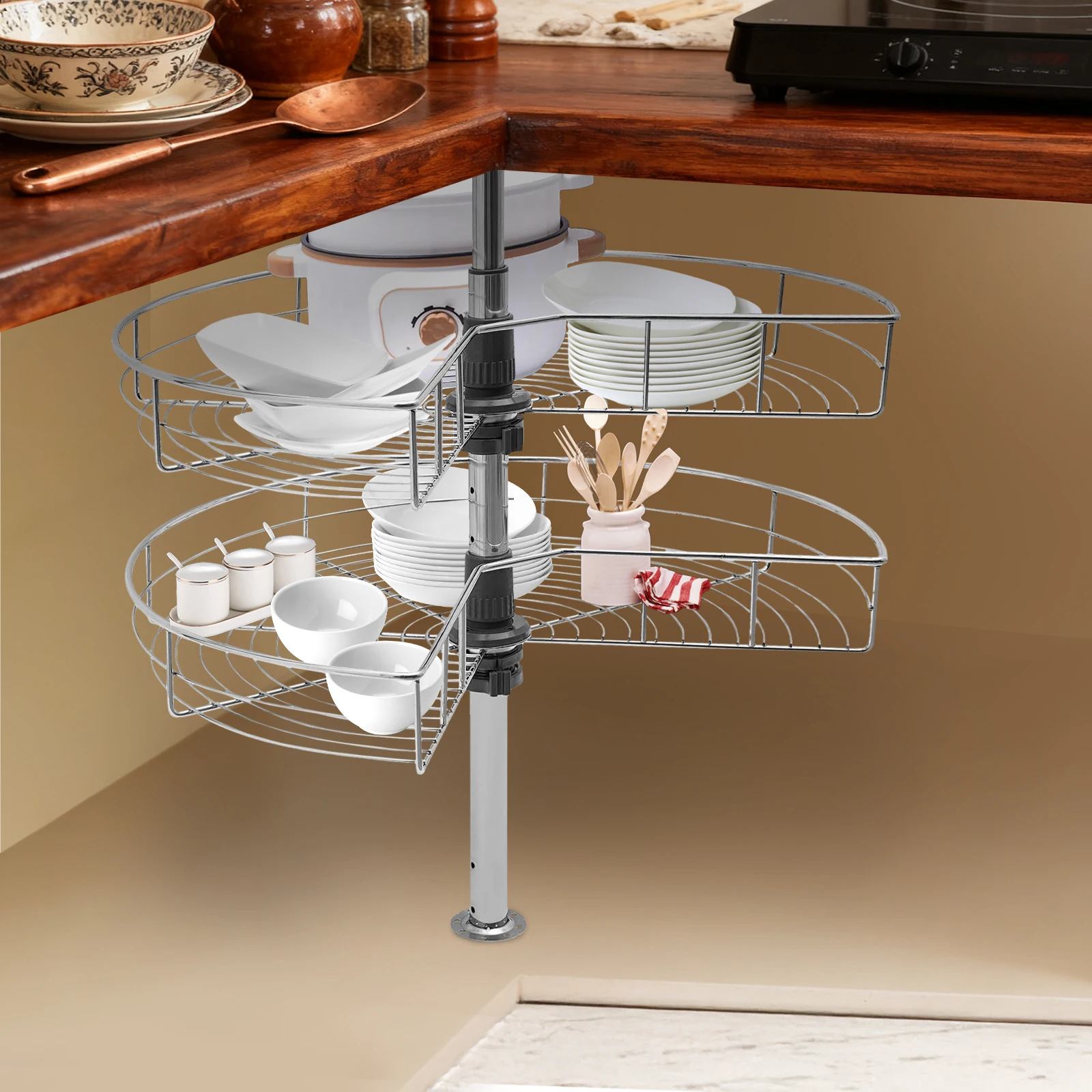 

360° Rotating Storage Shelves Rack, 2-tier Removable Basket Shelf Organizer, Rotating Kitchen Shelf Adjustable Height