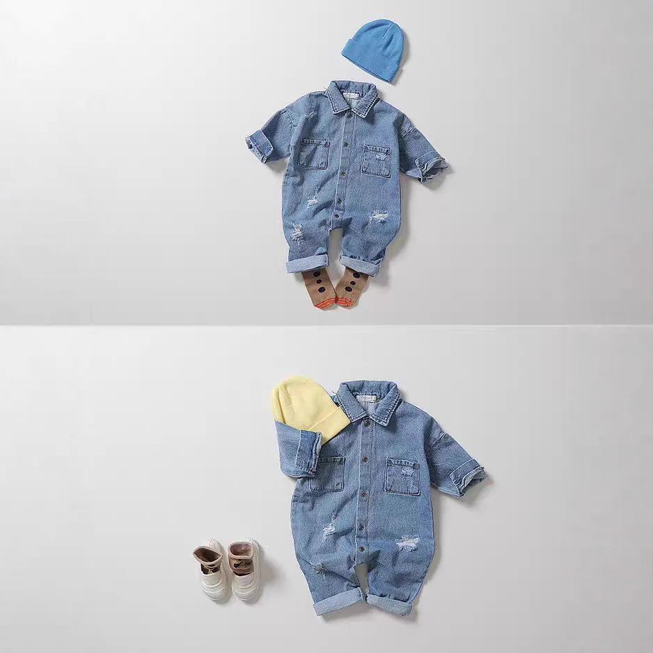 2025 Autunno Nuovo Bambino Manica Lunga Denim Pagliaccetto Infantile Della Ragazza del Ragazzo di Modo Jeans Strappati Bambino Casual Tuta Vestiti Appena Nati 0-24M