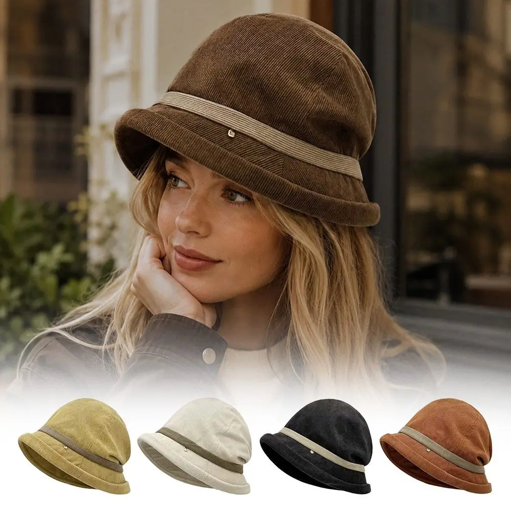 Casual Thicken Corduroy Bucket Hat Cold-Proof Versatile Winter Hat Vintage Ear Protection Warm Cap for Women