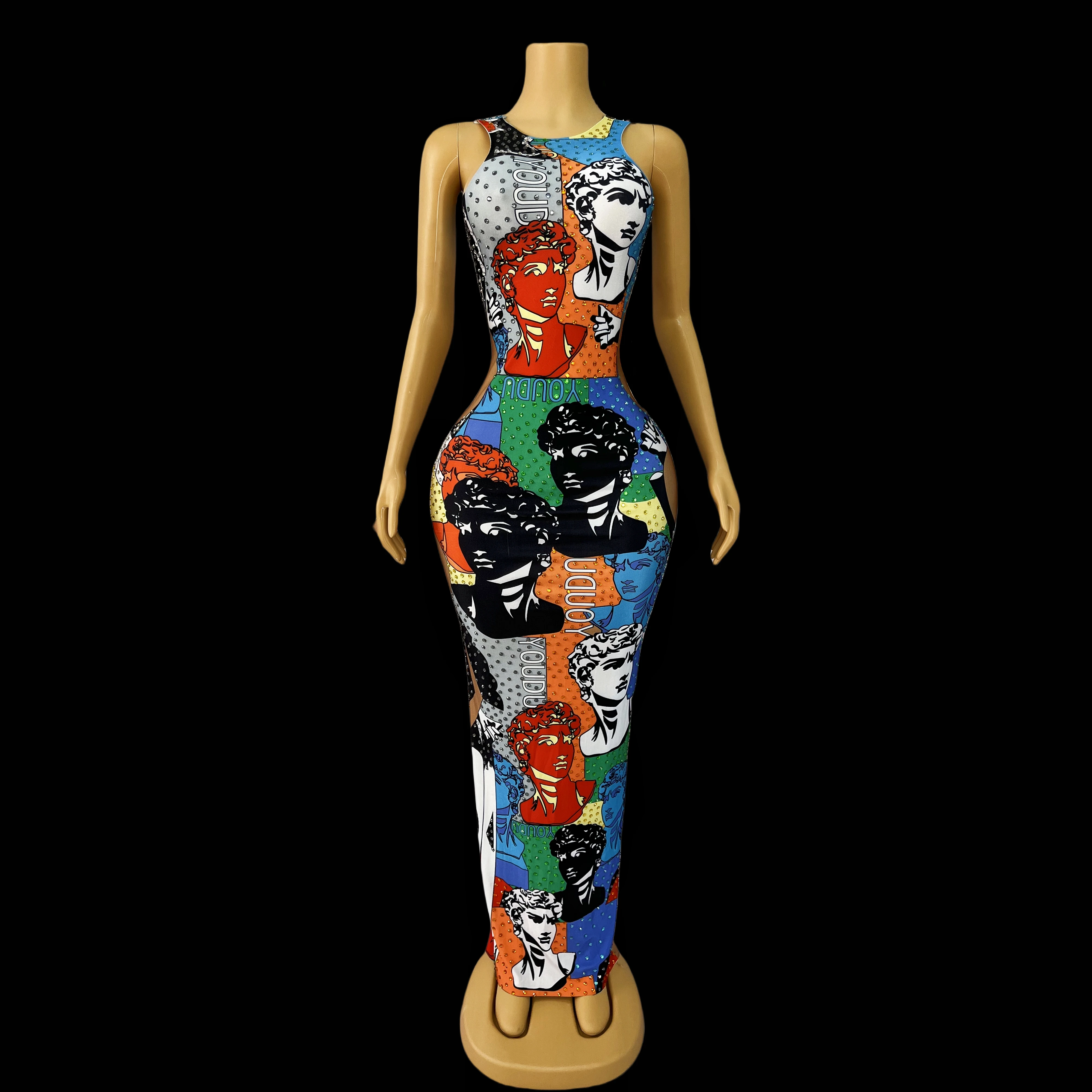 

Personality color rhinestone spandex stretch celebration David face pattern dress costume party singer series birthday wear POP