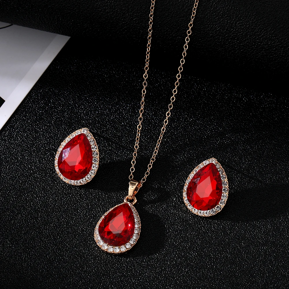 IFKM 5 Colors Necklace/Earrings/Rings Jewelry Sets Hoop Earrings Water Drop Earrings Red Jewelry Set Rhinestones For Women