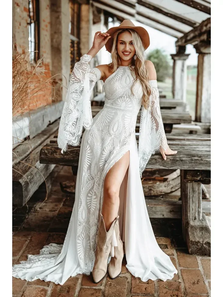Chic Crochet Lace Bohemian Wedding Dress Detachable Poet Sleeves Thin Straps Deep Side Split A Line Beach Bride Gown