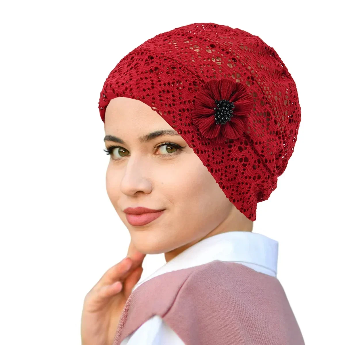 New Hollow Out Women Muslim Inner Hijab Hat Beads Flower Beanies Bonnet Hair Care Headscarf Head Wrap Chemo Cap Turbante Mujer