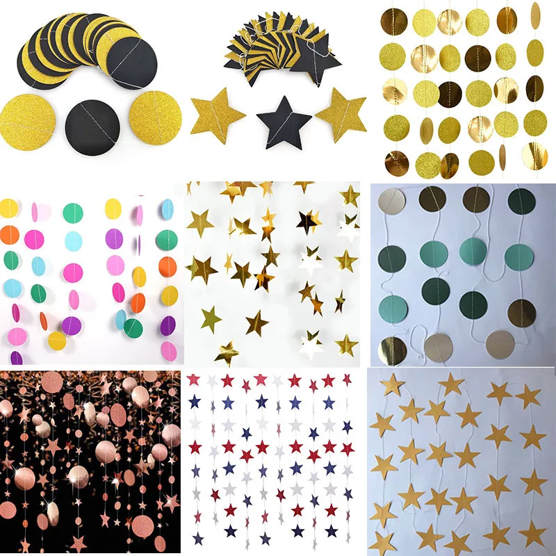 Gold Black Sparkle Powder Star round Dot Pull Flag Birthday Party Decoration Silver Five Pointed Star Paper Pieces String rou...