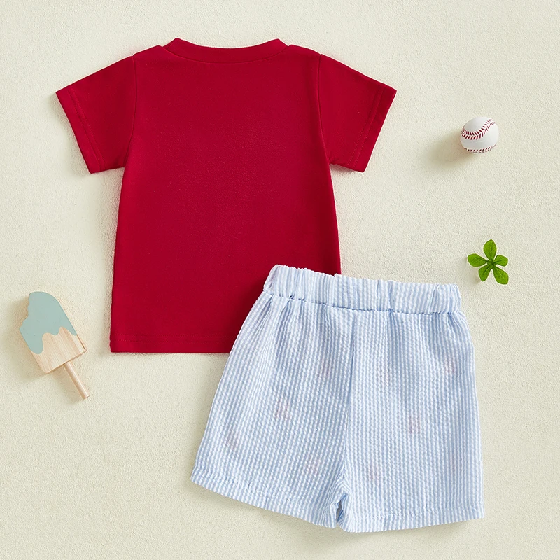 

Adorable Toddler Baseball Outfit with Short Sleeve Top and Striped Shorts Featuring Elastic Waistband and Round Neck