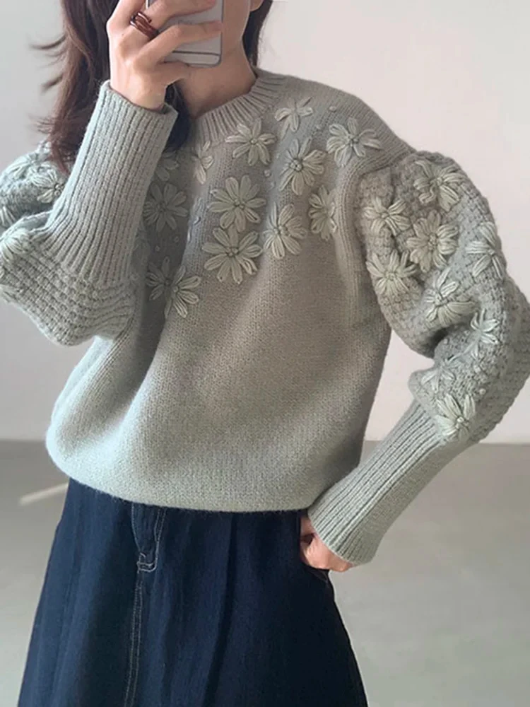 EWQ Vintage Woman Sweaters O-neck Lantern Sleeve Knit Pullovers Tops 3D Embroidery Floral Jumper Autumn 2024 Winter New Fashion