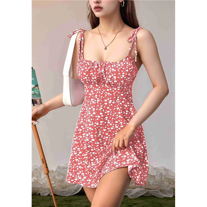 A83F-Abito floreale Boho da donna con pagliaccetto e cinturino per spaghetti