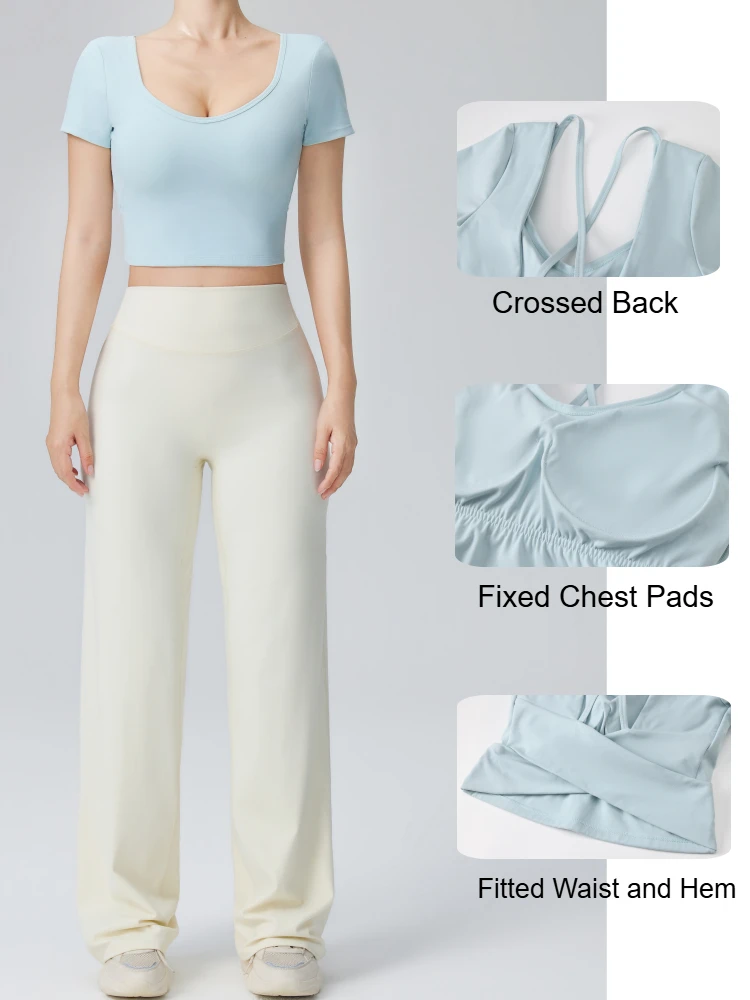 2-teiliges Set Damen Gym Sport Yoga Anzug, einfarbig, rückenfreie Yoga-Unterwäsche mit Brustpolster, hochtaillierte Push-Up-Hose mit weitem Bein – Detail 9