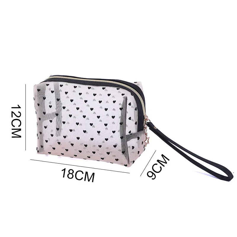 Mesh Cosmetic Makeup Bags Case Holder Cute Transparent Zipper Black Heart Printed Pencil Pen Case Pouch Convenient To Carry