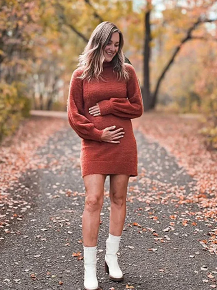 秋冬マタニティドレス写真撮影ニットセーター妊娠服長袖ミニドレスベビーシャワー写真カジュアルウェア