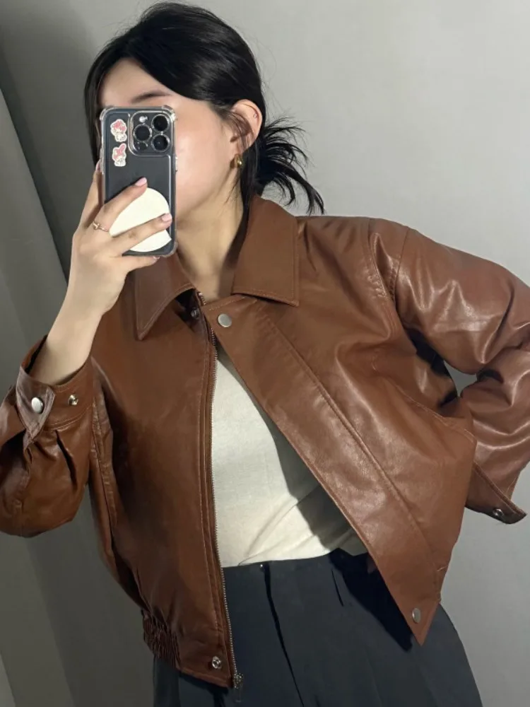 الرجعية هونغ كونغ Sle دراجة نارية Jaet المرأة فضفاضة تناسب سستة بولي معطف معطف جلد شيك الخريف ملابس خارجية طويلة Sve #3