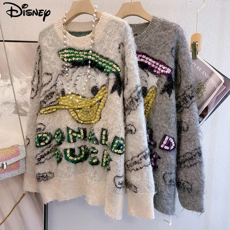 Disney New Arrival Fashion Casual Donald Duck Pullover Winter Heavy Industry Design Sense Nail Bead Spoof Mohair Plush Sweater