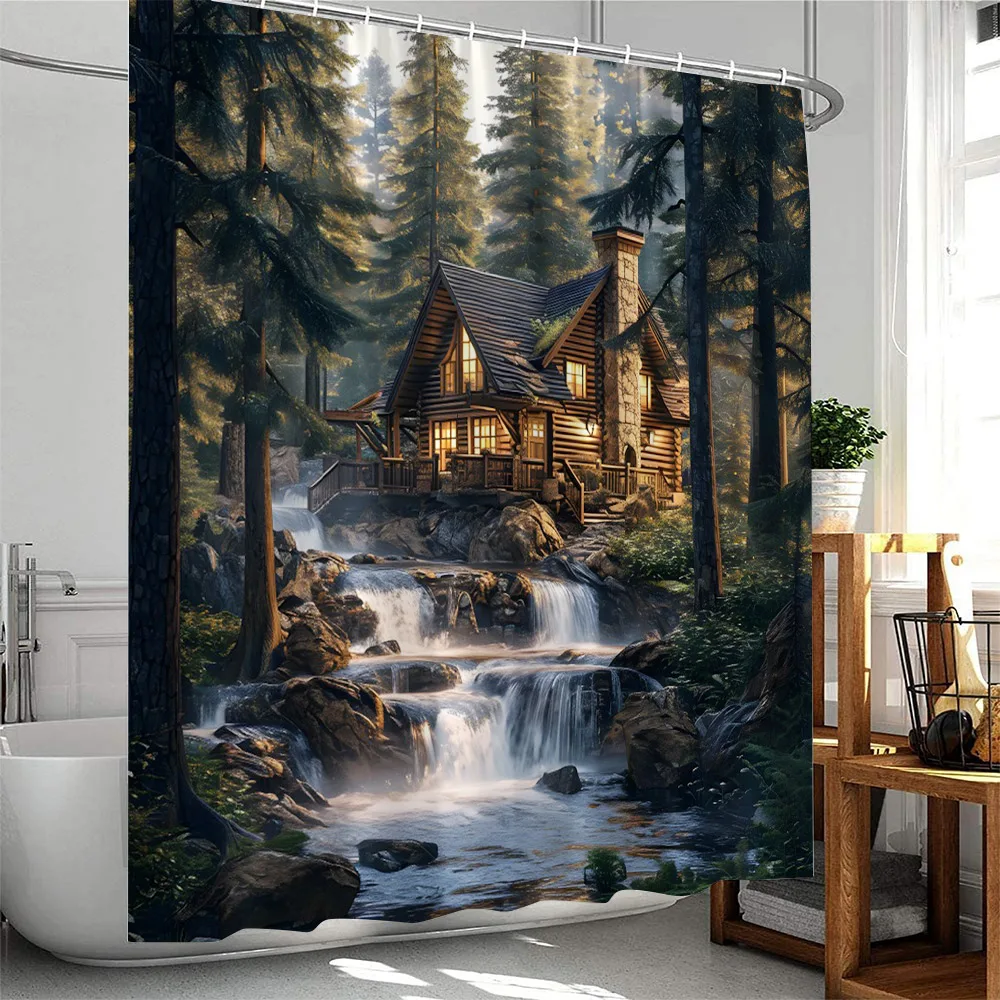 Natural Scenery Shower Curtain Forest Waterfall Stream Nature Landscape Bathroom Home Decor Polyester Fabric Bathtub Curtain