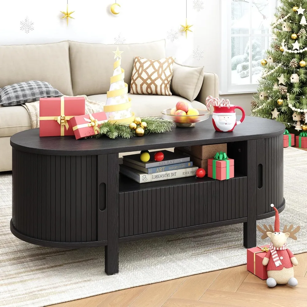 

ONBRILL 47.2 Inch Oval Coffee Table with Storage, Mid Century Modern Coffee Table with Drawer, Center Table with Sliding Door an