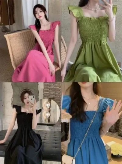 Elegant Summer 2024 Hepburn Style Tea Break Waist Cinched Pleated Sleeveless Square Collar Midi Dress Ladylike Fashion