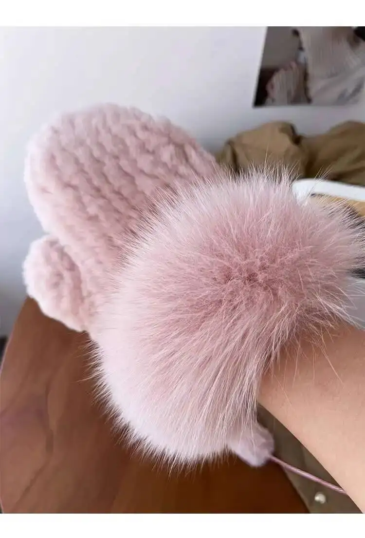 Real Rex Rabbit Fur Gloves For Women Winter Plush Thickened Warm Real Fur Gloves Handmade Knitted Fur Gloves Keep Warm Mittens