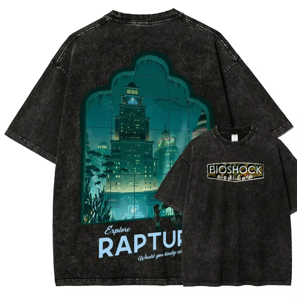 Klassisches Retro-Shooter-Spiel Bioshock Grafik-Print T-Shirt für Männer und Frauen Neues Harajuku Übergroßes Unisex-Paar-T-Shirt im Used-Look – Detail 11