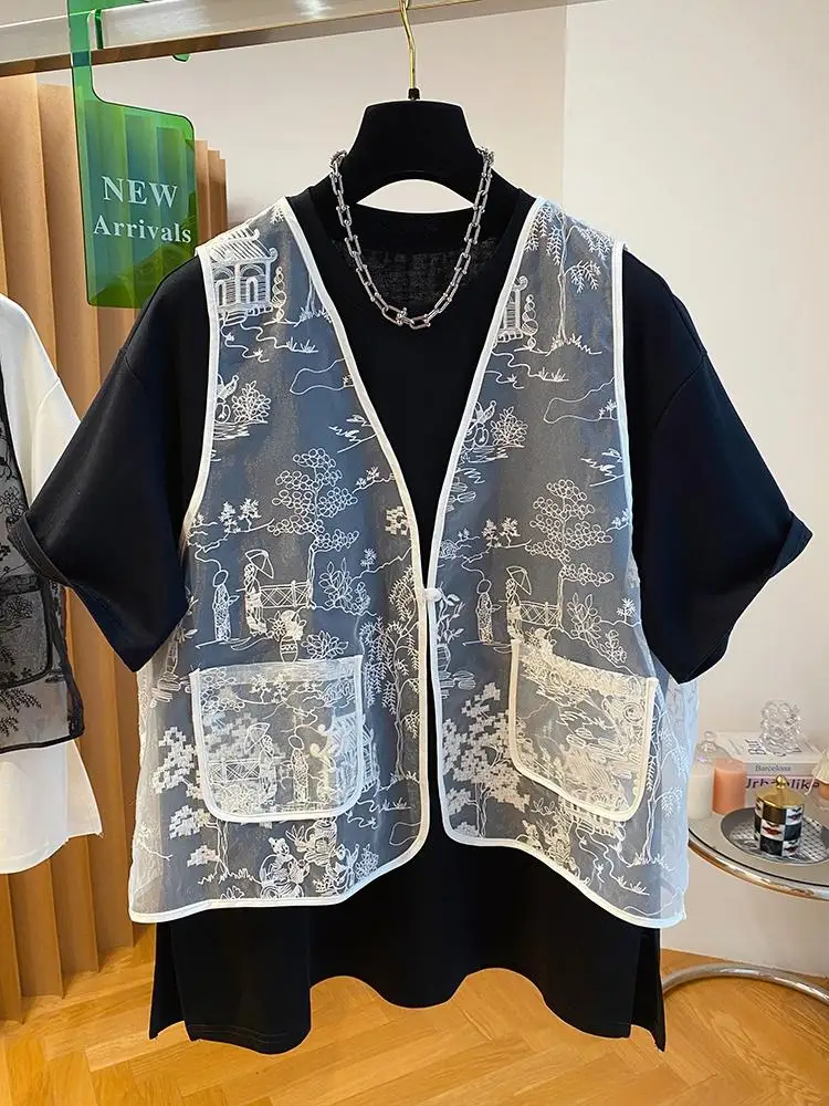 2024 New Fashion Fake Two Piece T Shirt Women Chic Design T-shirt Loose Casual Stitching Vest Short Sleeve T-shirt