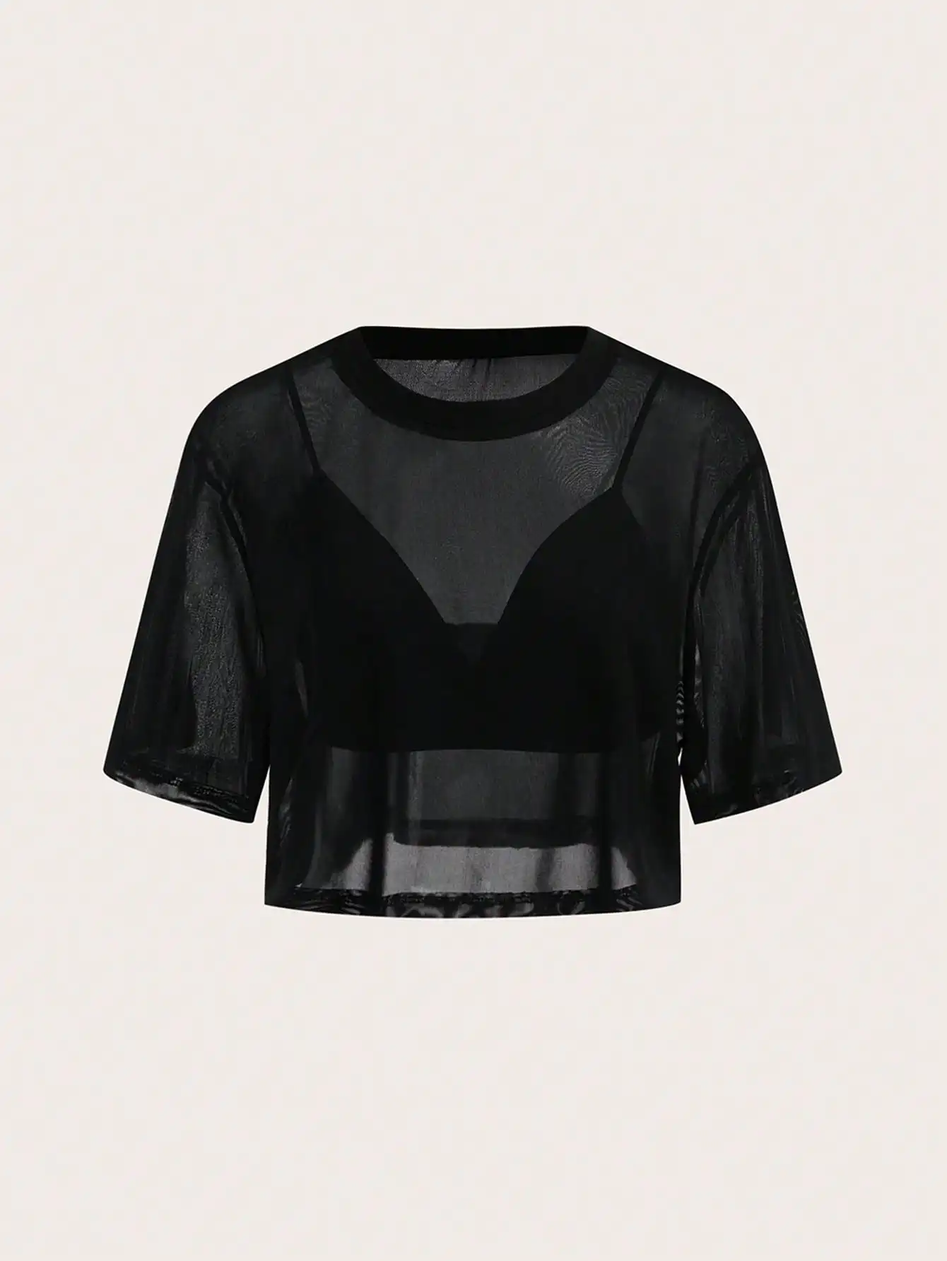 

Black Sheer Mesh Crop Top with Round Neck and Short Sleeves, Layering Friendly