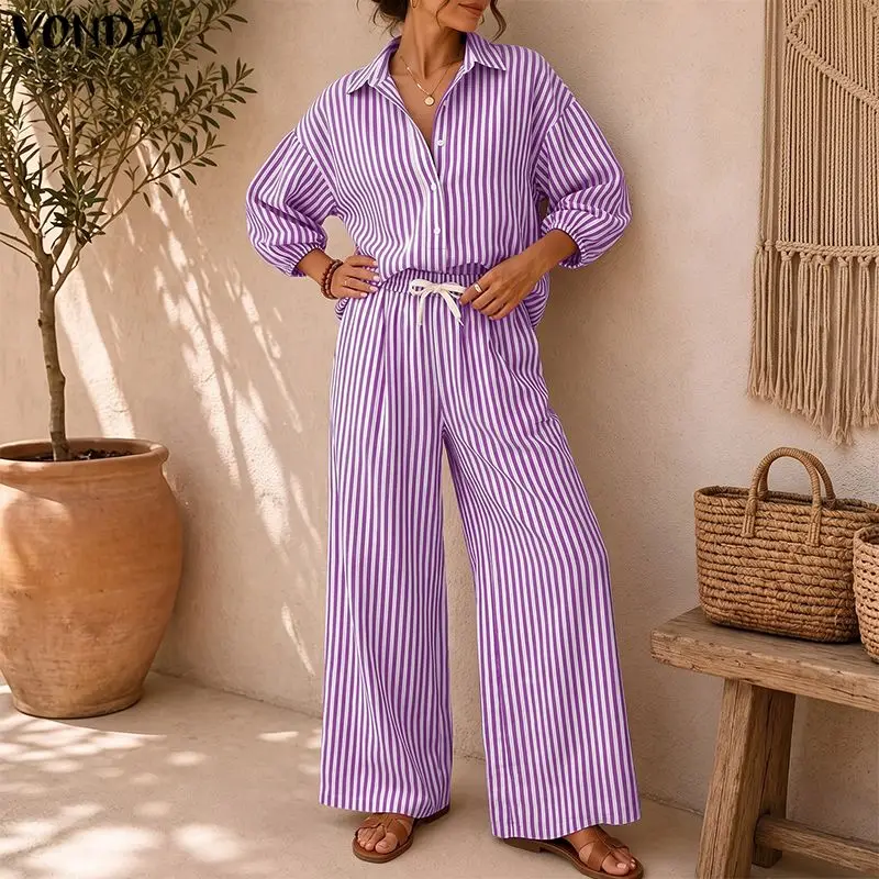 VONDA Women Two Piece Outfit Striped 3/4 Lantern Sleev Lapel V-Neck Blouse Wide Leg Pant Sets Casual Summer Vacation Suits