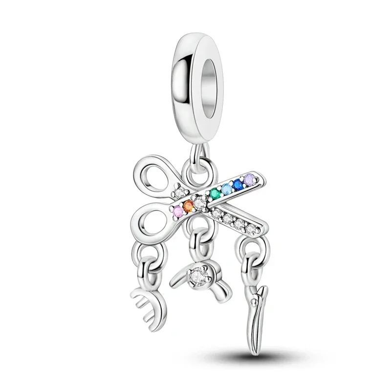 

Exquisite 925 Sterling Silver Scissors Hair Dryer Comb Triple Charm Fit Pandora Bracelet Women's Hairdresser Daily Accessories