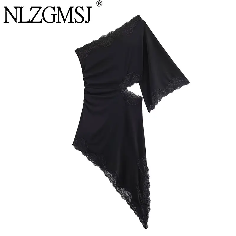 Nlzgmsj 2026 Frühling Sexy Schickes Schwarzes Elegantes Damen-Spitzenkleid O-Ausschnitt Kurzarm Ausgeschnittenes Partykleid Modisches Urlaubskleid