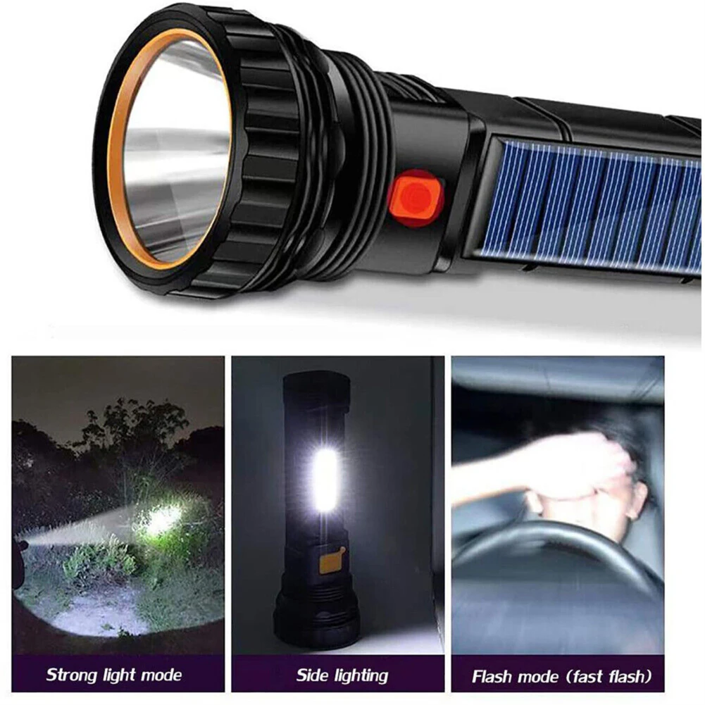 Led Solar Tactical Flashlight 1200mah Rechargeable Battery Waterproof Outdoor Camping Emergency Light