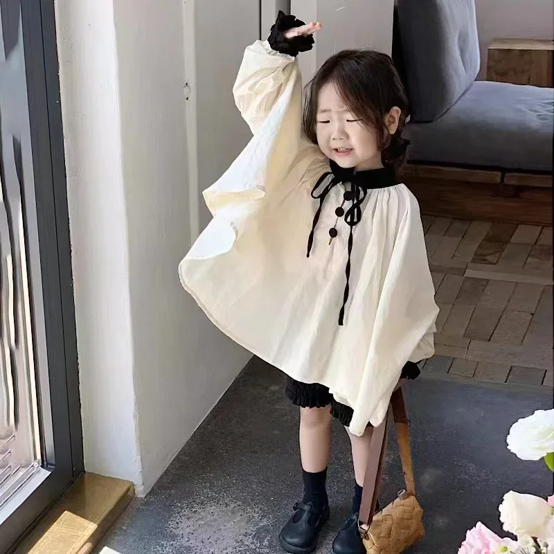 Children Clothing 2025 New Fashionable Spring and Autumn Korean Style Shirt Girls Soft Simple Cotton Long Sleeved Casual Top