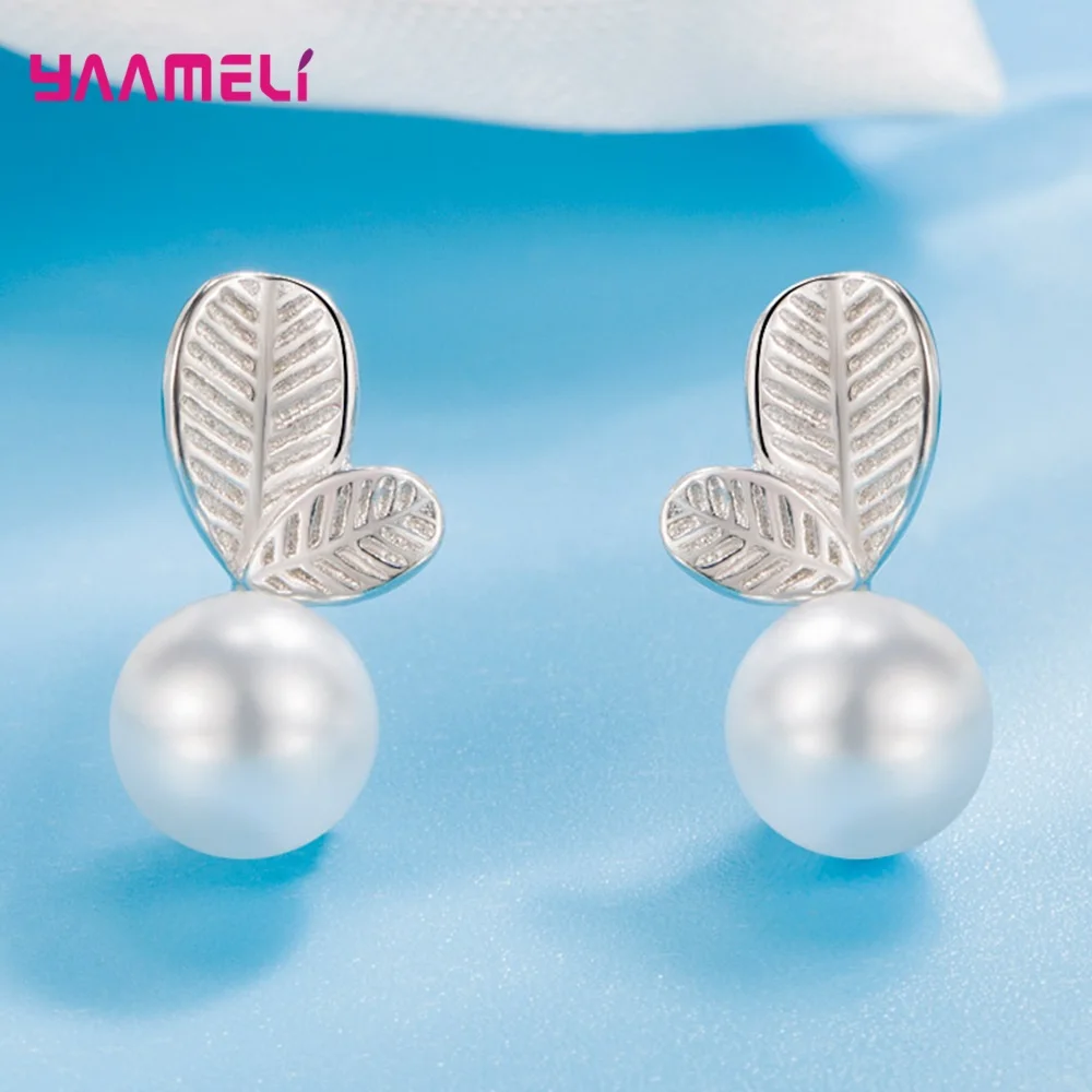 925 Sterling Silver Cute Heart Pearl Stud Earrings For Women Girls Wedding Engagement Fashion Jewelry