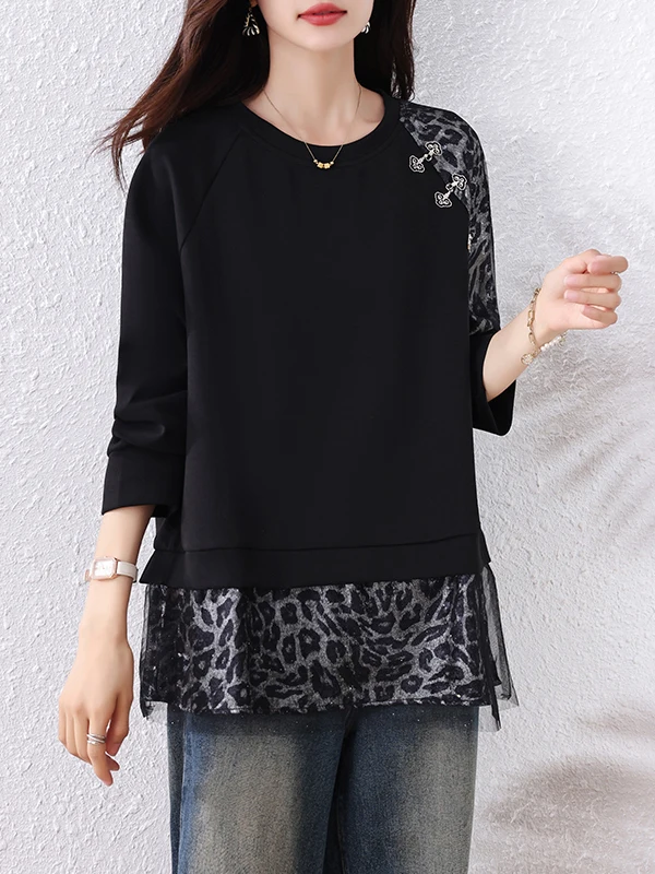 Loose Fit round Neck Glitter Thread Mesh Paneling Sweatshirt plus Size Women's Casual Space Cotton Fabric Autumn Top