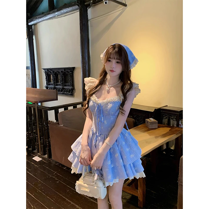 فستان قصير منقوش من MEXZT Kawaii للنساء فساتين مرقعة من الدانتيل مكشكشة للحفلات صيفية كلاسيكية بأكمام طائرة فساتين ضيقة