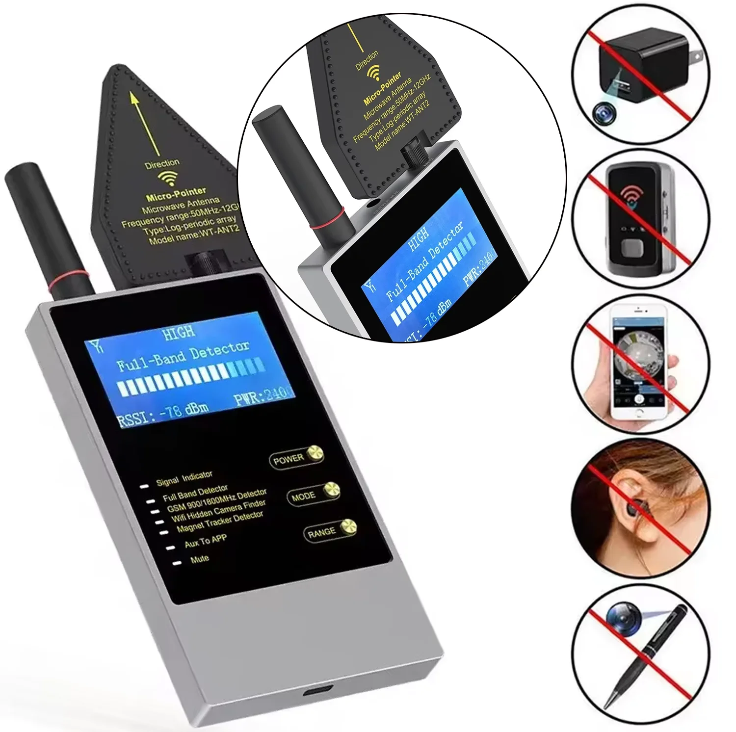 Rilevatore di segnali da 12 GHz Telecamera nascosta Localizzatore GPS GSM Segnale RF Rilevamento magnetico AI Rilevatore di gadget spia anti-intercettazioni
