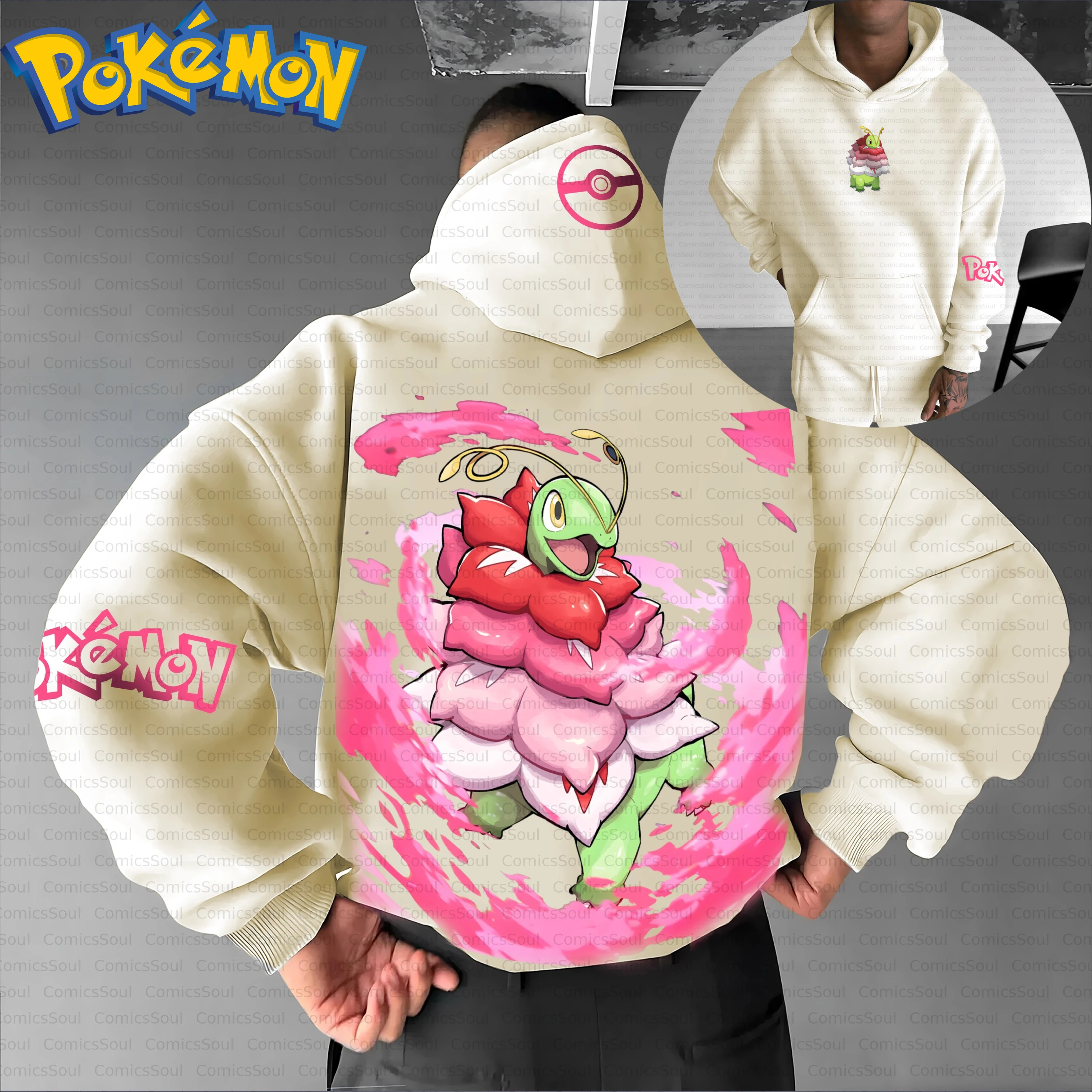 Conjunto de sudadera con capucha de Pokémon de algodón beige y pantalones Harajuku con estampado de personaje colorido en la espalda, diseño rosa y verde y capucha de Pokeball para niños