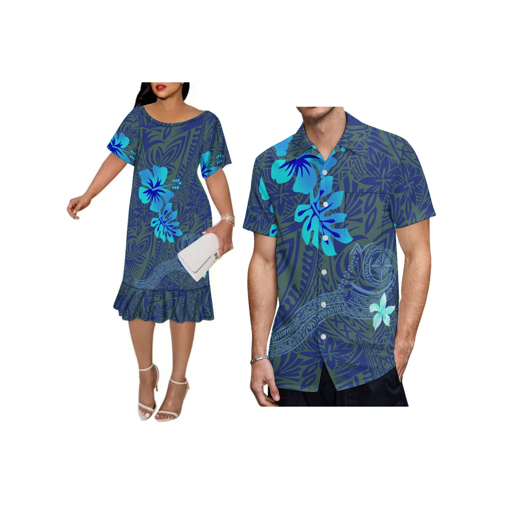 Polynesian Women New Fishtail Dress Sexy Ruffle Samoa Style Hawaii Men Shirt Couple