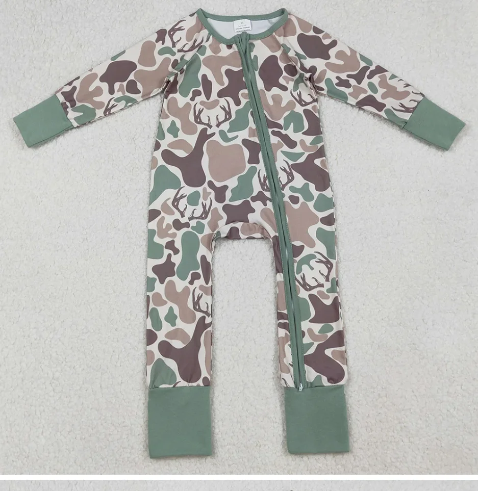 

Baby Boys Rompers Brown Deer Camo Zipper Footie Rompers Fall Winter Boutique Toddler Boys Romper