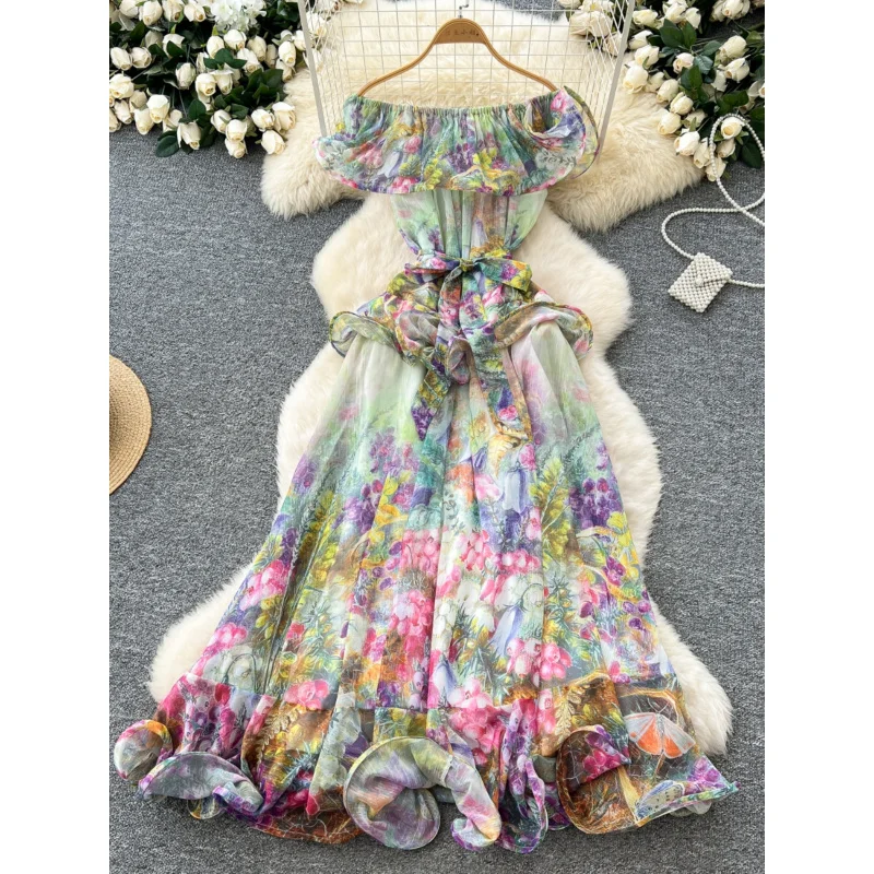 

European and American Style Sexy Off-Shoulder Chiffon Print High-End Three-Dimensional Ruffle Waist Slimming Dress Vacation Long