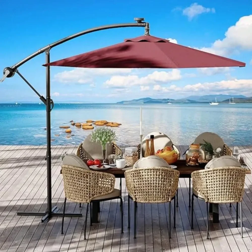 

10FT Cantilever Patio Umbrella With Cross Base, Outdoor Offset Market Umbrella With Infinite Tilt And Crank Lift, Outside Umbre