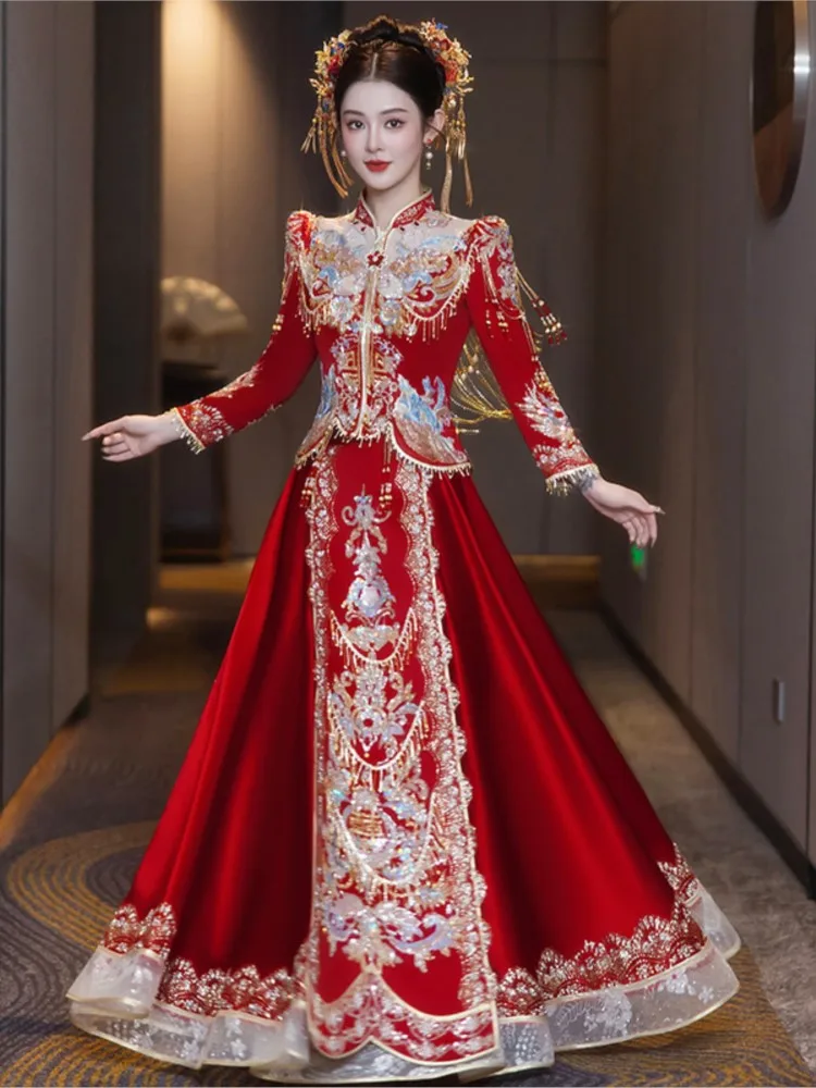 

The red phoenix crown and wedding dress are traditional Chinese attire for ceremony