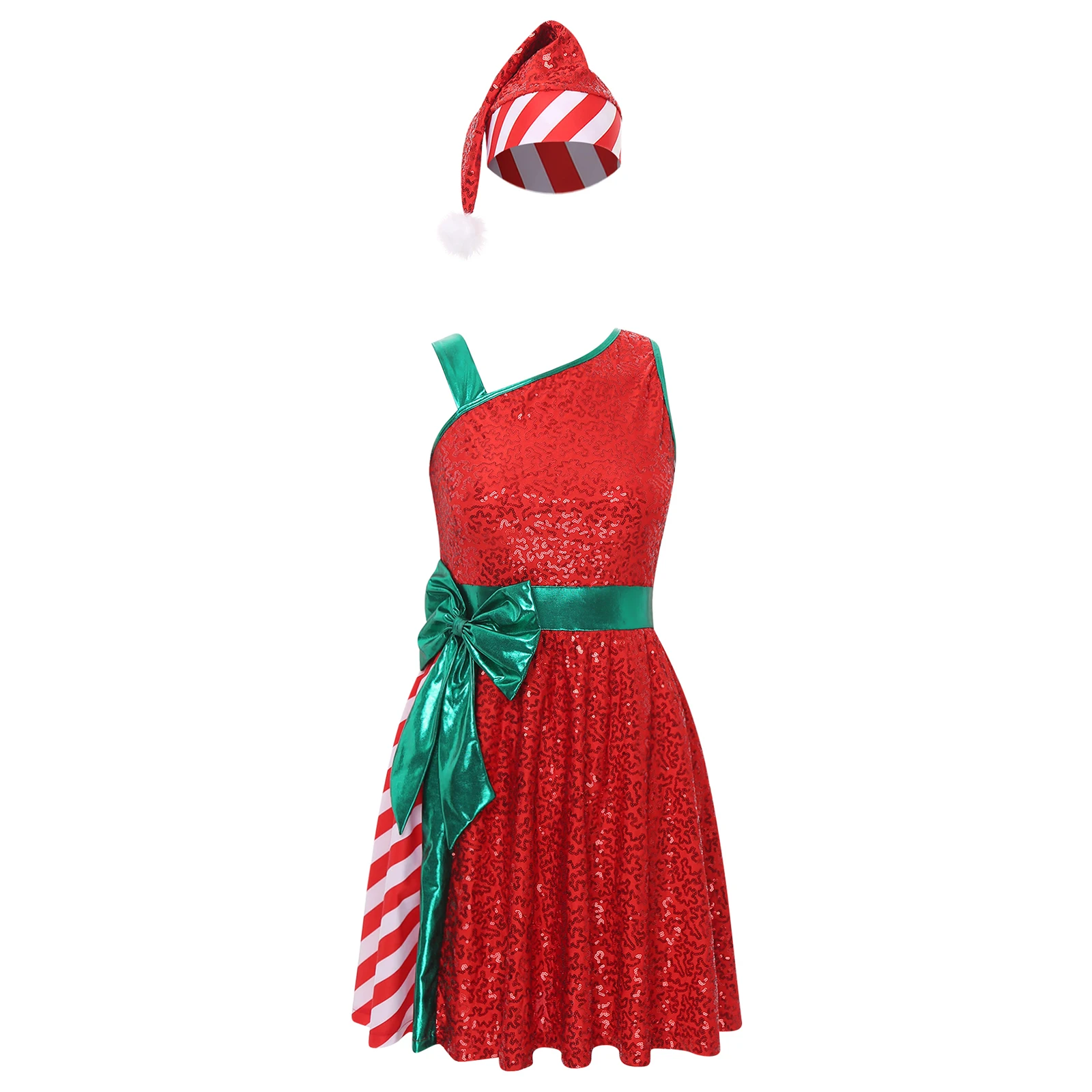 Costume da Babbo Natale da donna, costume da ballo con paillettes, bastoncino di zucchero, con set di cappelli, costume cosplay per feste di Natale, signora Santa Elf