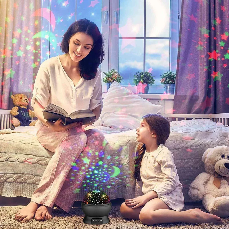 Lua rotativa e estrela noite luz projetor, luz do quarto das crianças, presentes de festa e aniversário, preto