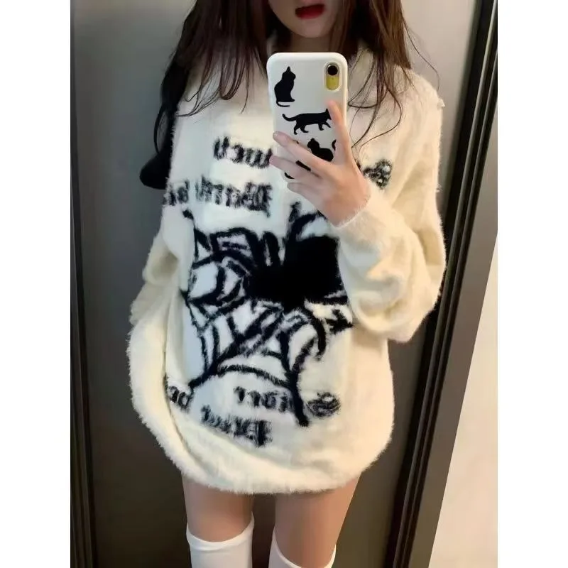 

American Vintage Subculture Printed Long Sleeve Knitwear Winter New Y2k High Street Loose Sweater Fashion Women's Clothing