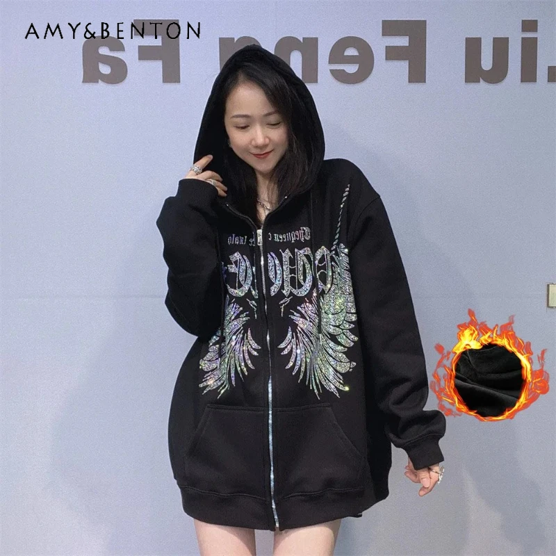 

Women's 2025 Autumn New Rhinestone Hooded Sweatshirt Jacket Casual Loose Top Sweet Cartoon Fleece Thickened Top Hoodies Ladies