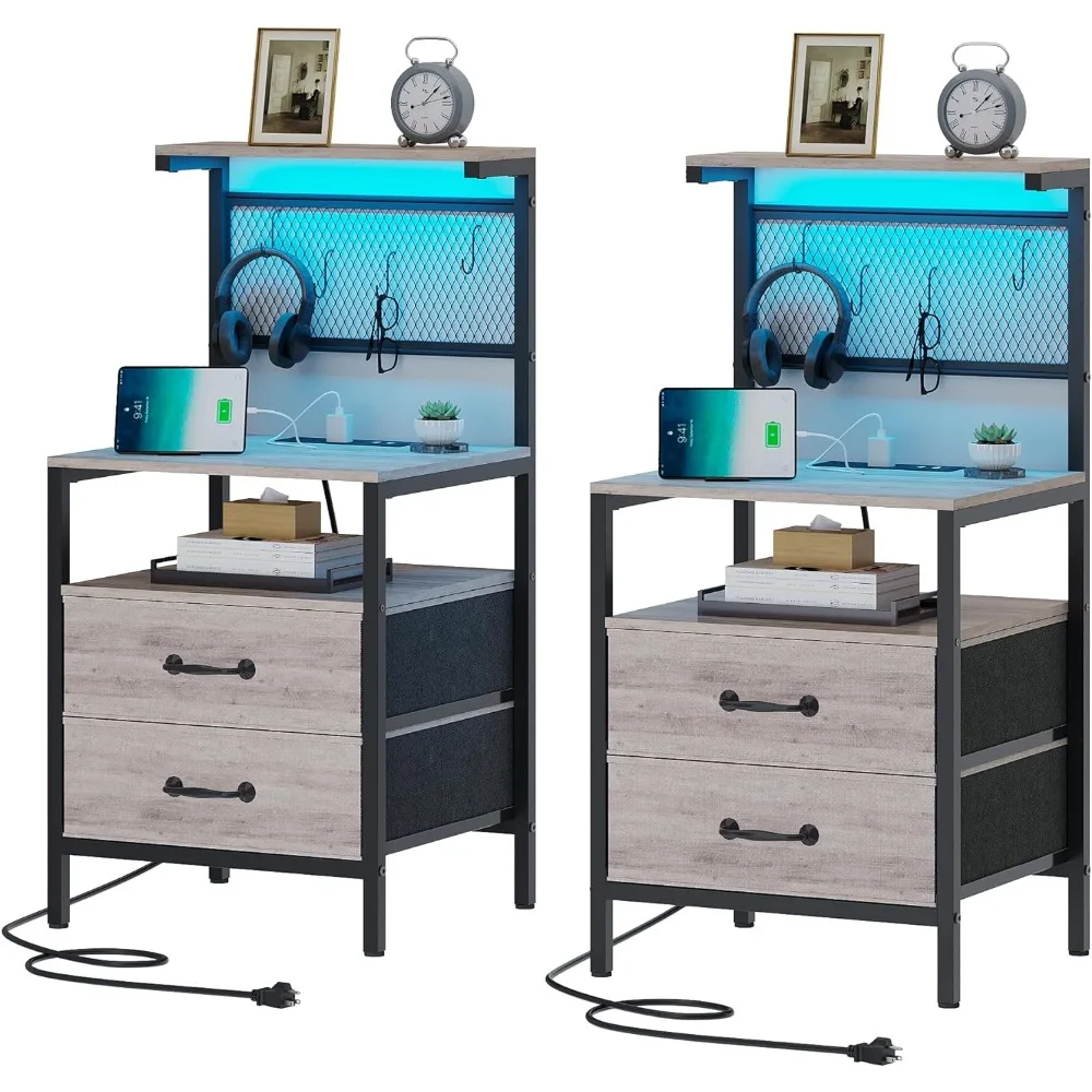 Nightstand Set of 2 with Charging Station, Nightstands with LED Lights, Night Stands for Bedrooms with 2 Drawers and Storage