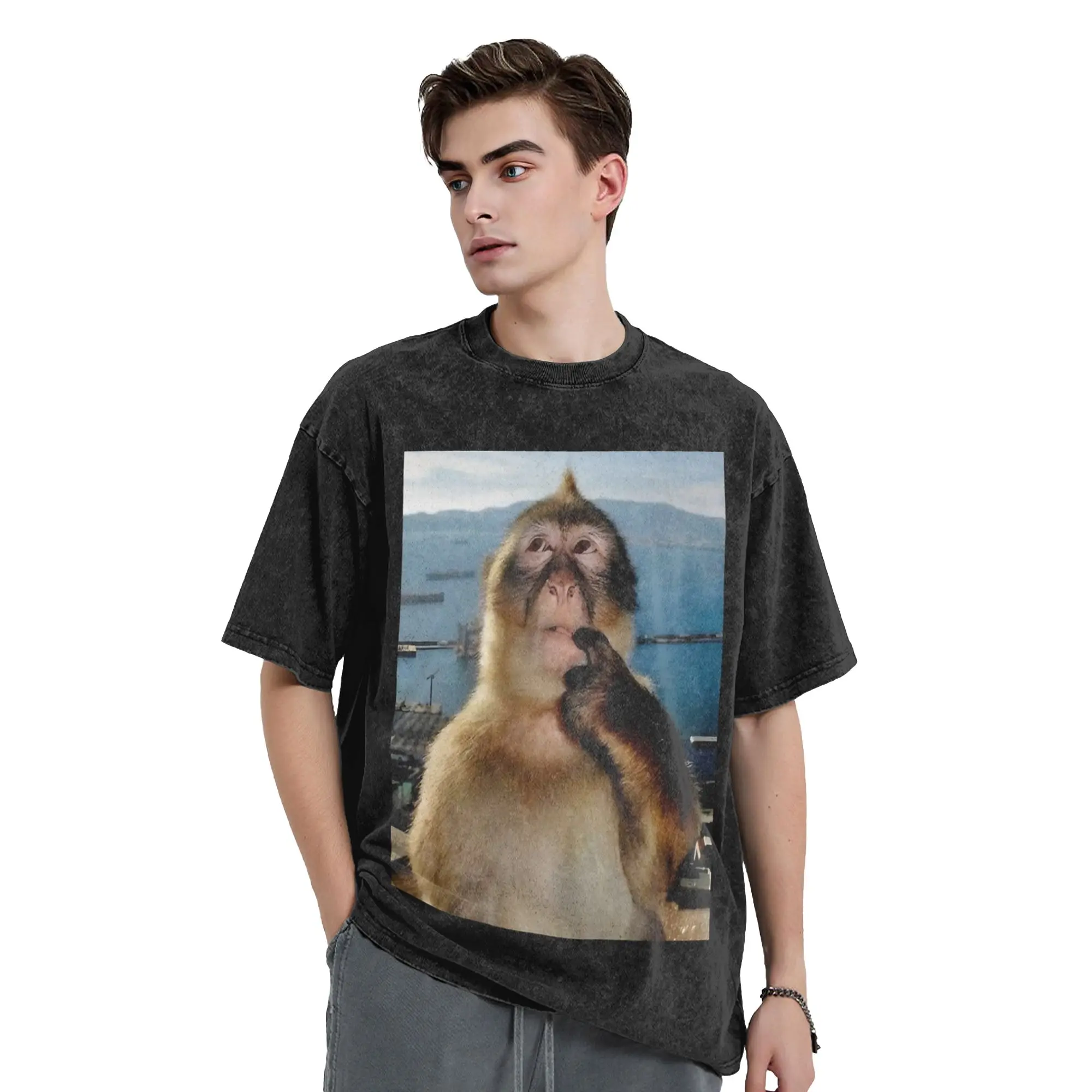 Monkey Thinking Meme Washed T Shirts Streetwear Hip Hop Casual T-Shirt  Tees Tops for Men Women Short Sleeve Oversize Graphic