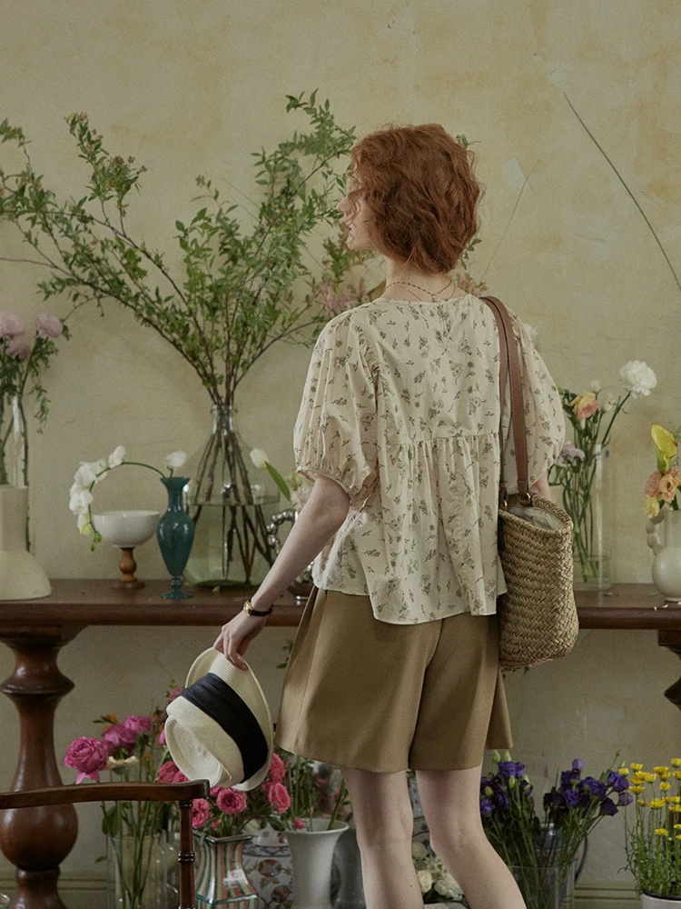 

Женская хлопковая блузка C.PAIA Original Sketch Print свободного кроя в винтажном стиле с цветочной вышивкой и рукавами-фонариками, дышащая, летняя