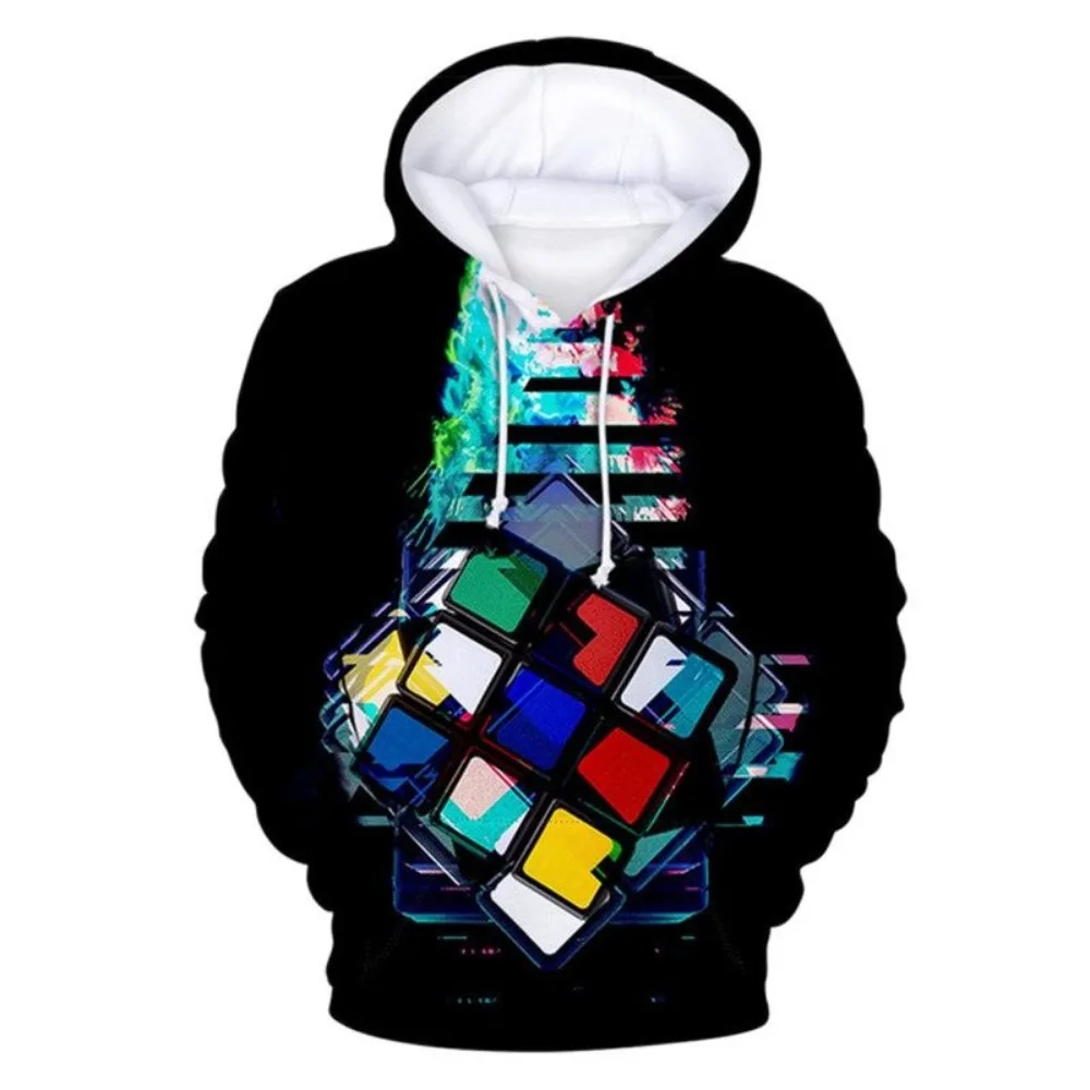 Sudadera con capucha de cubo mágico colorido para hombre y mujer, suéter con estampado 3d de cubo de Rubik de dibujos animados, Jersey informal para