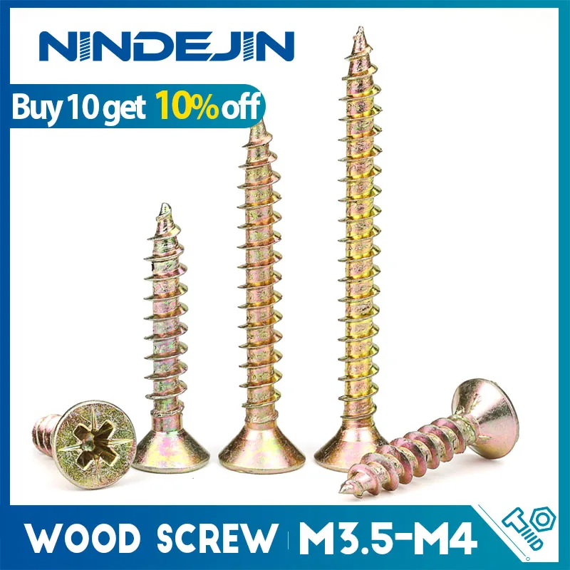 Cross Flat Head Wood Screws M3.5 M4 M5 Construction Screws Yellow Zinc Plated Self Tapping Wood Screws For Cabinet Fiberboard