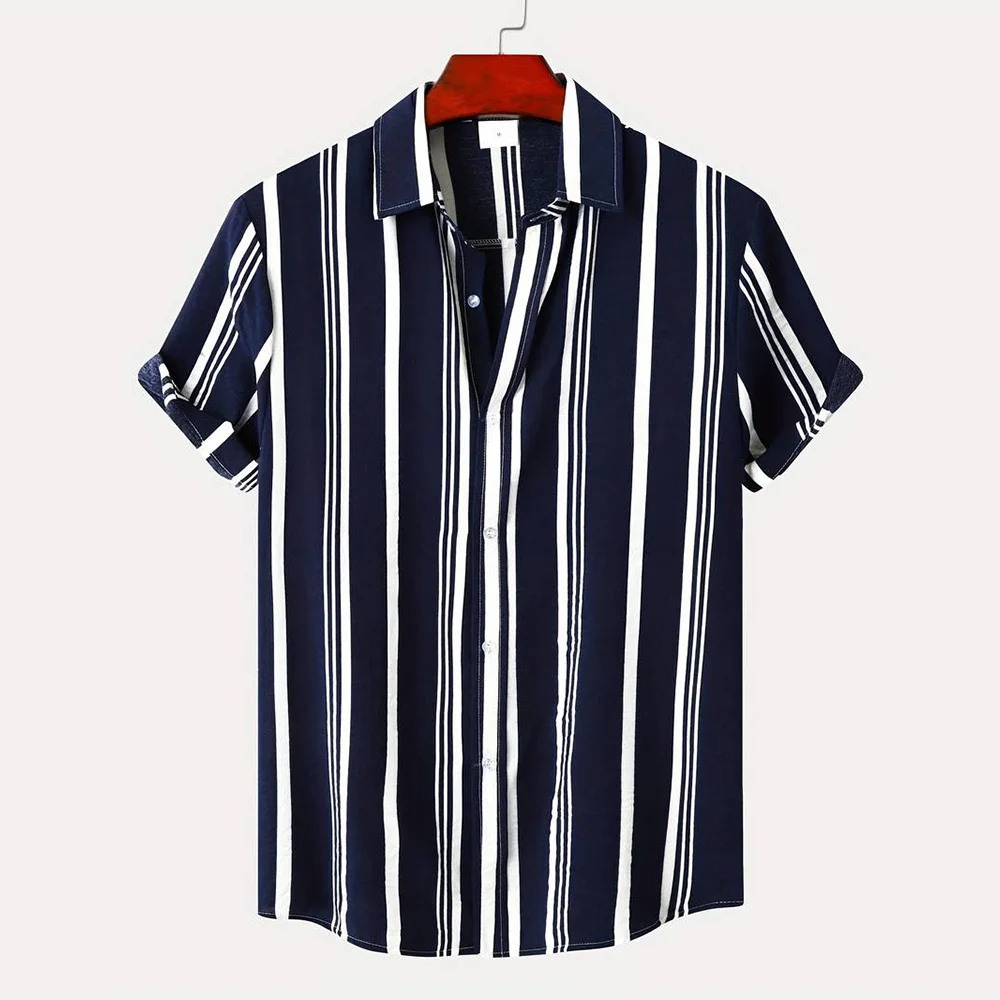 Image of Herren-Hemd mit Revers und kurzen Ärmeln, Marineblau, weiß, vertikaler Streifen-Print, locker, atmungsaktiv, für den Sommer, Alltag, mit Knöpfen, Freizeit-Oberteil