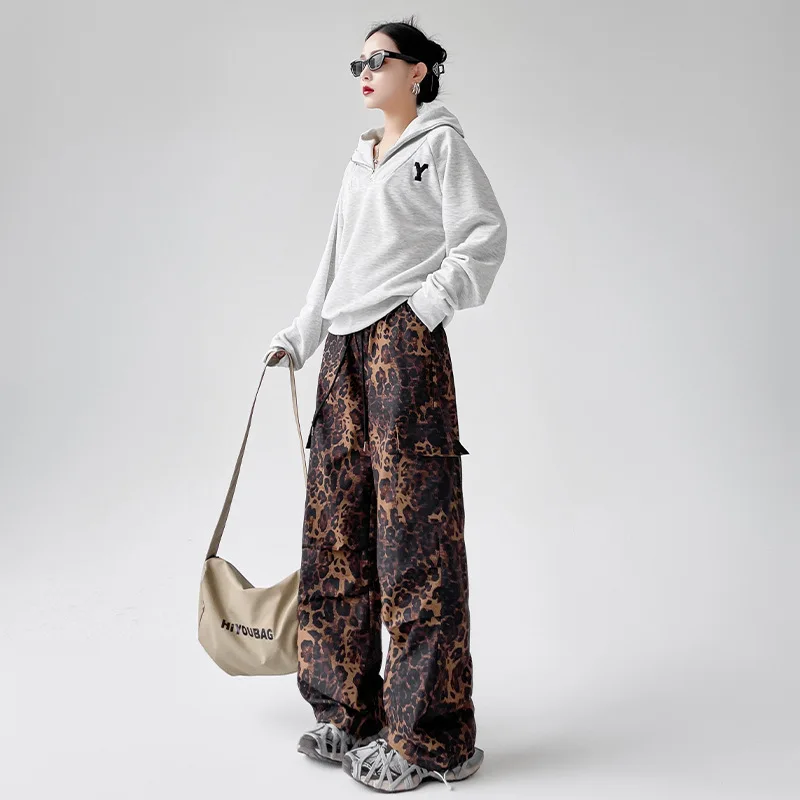 Fashion Leopard Print American Street High Waisted Casual Versatile Straight Leg Floor Length Pants for Autumn and Winter
